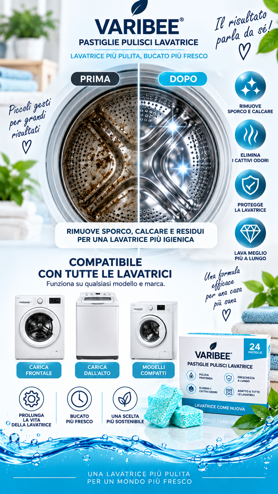 VARIBEE – Pastiglie Pulizia Profonda Lavatrice | Anticalcare, Igienizzanti e Anti-Odore